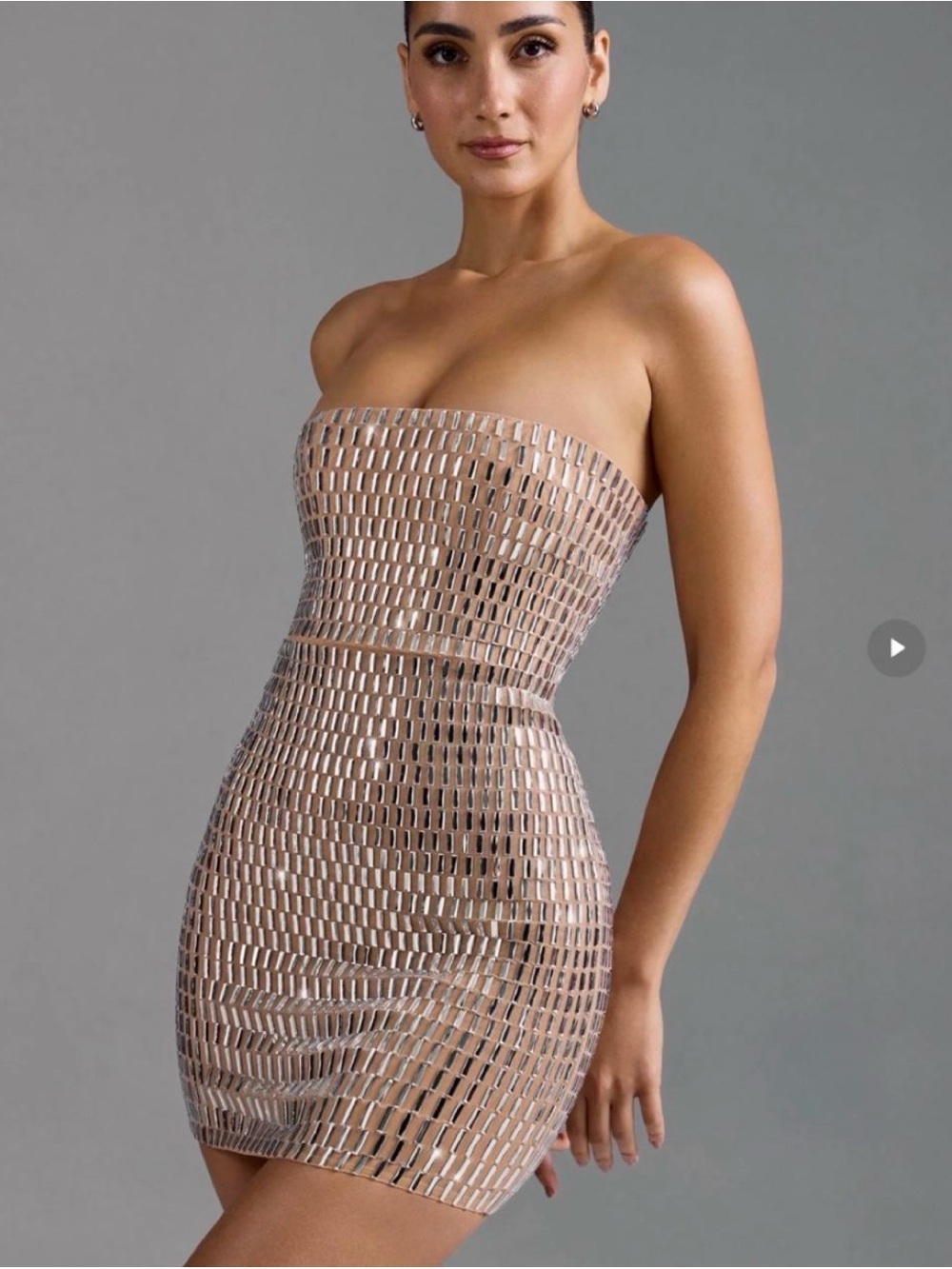 Strapless Nude-Beige Mirror Appliqué Mini Dress